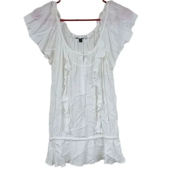 Express Frilly Solid White XS Ruffle Sleeve Peplum Top Ruffle Front Keyhole - Picture 2 of 9